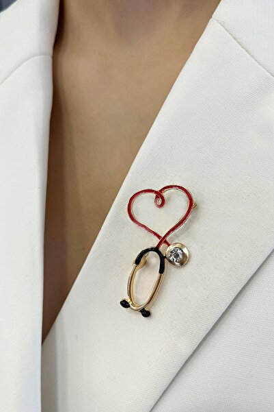 Modex Doktor-hemşire Kırmızı Kalp Mineli Seteskop Broş (4CM)