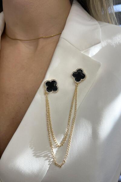 Modex Altın Mineli Taşlı Zincir Sallantılı İkili Yonca Broş