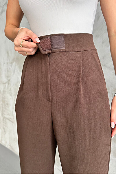 macharel jeans Καφέ Γυναικείο Παντελόνι Palazzo με Velcro Lycra