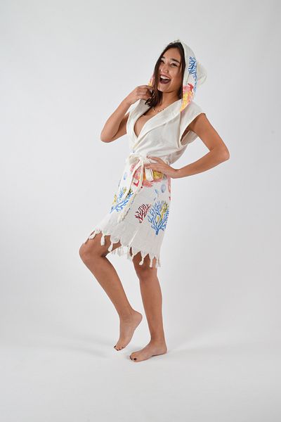 REİNA TEKS Hooded Pareo Belted Beachwear Peshtemal Mixed Coral Print Beachwear 1 Piece