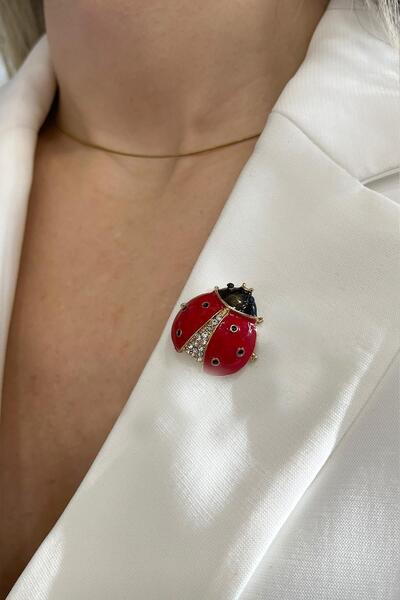 Modex Mineli Taşlı Uğur Böceği Broş (Ölçü:2,5 cm)