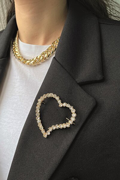 Modex Altın Rengi Taşlı Iğneli Kalp Broş (5CM)