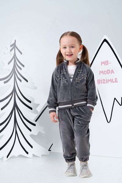 MB-MODA BİZİMLE Girl's Striped Velvet Tracksuit Set