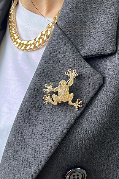 Modex Altın Sarısı Kurbağa Figürlü Taşlı Broş