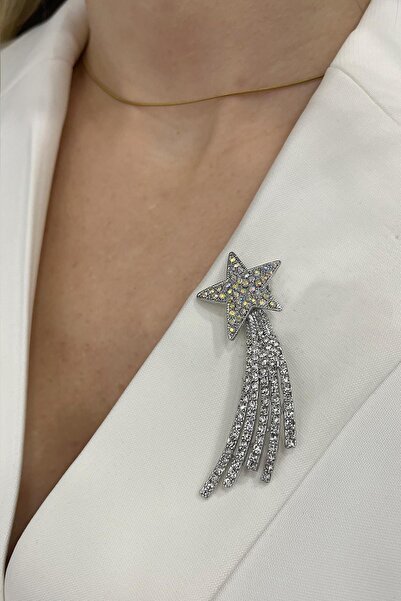 Modex Gümüş Rengi Kayan Yıldız Taşlı Broş (7cm)