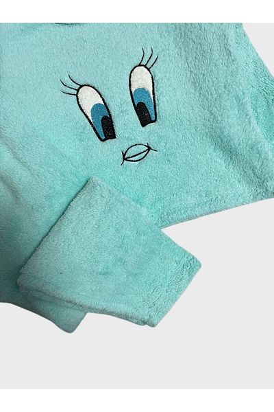 ALİŞ KİDS Girls' Water Green Tweety Eye Pattern Long Sleeve Winter Fleece Pajamas Set