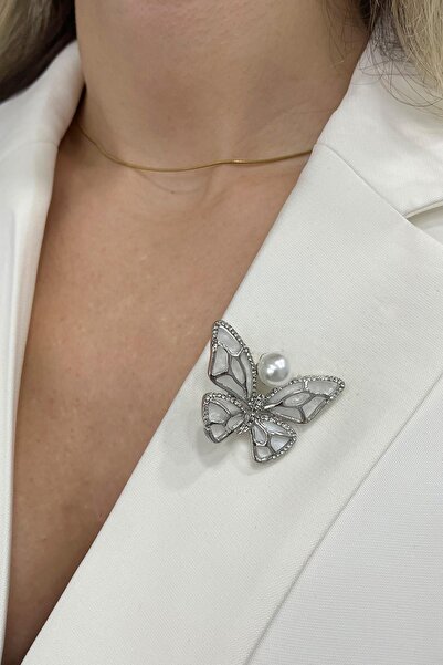 Modex İnci Detaylı Sedefli Kelebek Broş (En:4 cm Boy:3 cm)