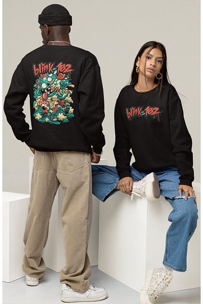 Fuddy Moda Hanorac unisex Blink182 V2 cu imprimeu pe spate fără glugă, hanorac supradimensionat cu imprimeu pentru trupa rock