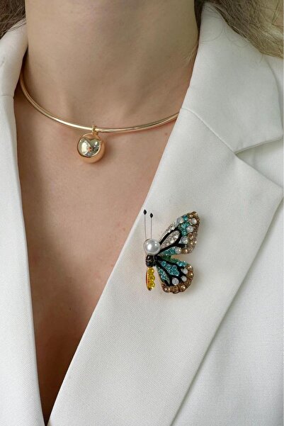 Modex İncili Taşlı Renkli Kelebek Broş (EN:3 CM BOY:4,5 CM)