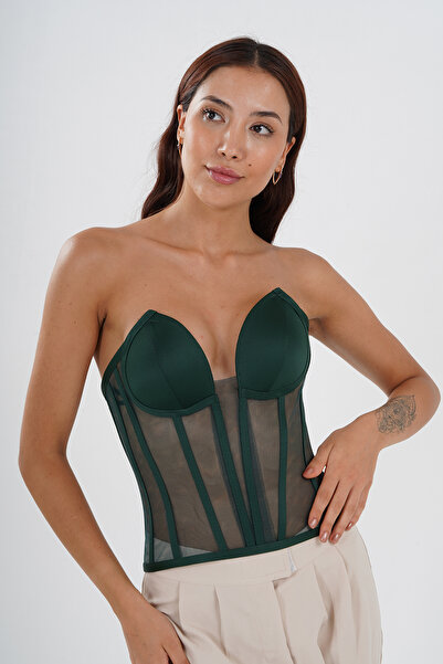 Metay Design Zümrüt Yeşil Transparan Korse Büstiyer Kedi Kulağı Model