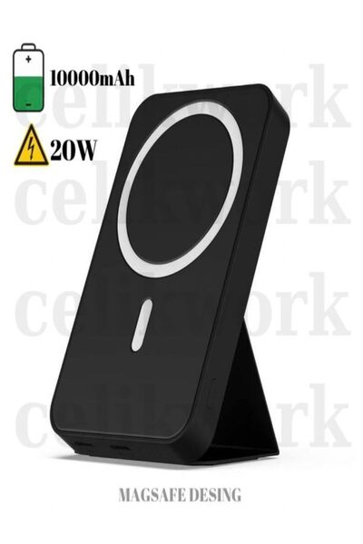 ÇELİKWORK 10000mAh 20W Wireless MAGSAFE Kablosuz Powerbank | Lüx Deri Standlı Taşınabilir Hızlı Şarj