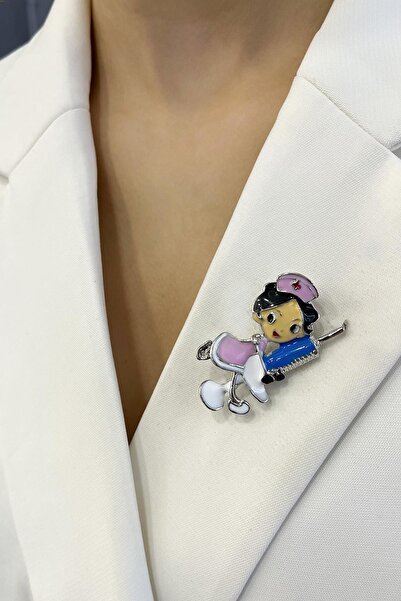 Modex Gümüş Rengi Mavi Şiringalı Hemşire Broş (4cm)