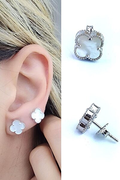 OSESHOP Sedef Taş Detaylı 925Ayar Gümüş İtalyan Tasarımı Yonca Küpe Özel Seri