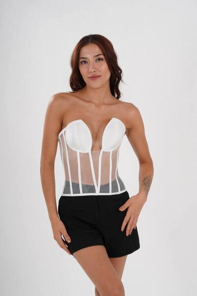 Metay Design Beyaz Transparan Korse Büstiyer Kedi Kulağı Model