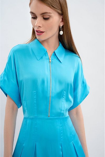 Escada Sport Shirt Collar Short Sleeve Pleated Midi Length Blue Silk Dress