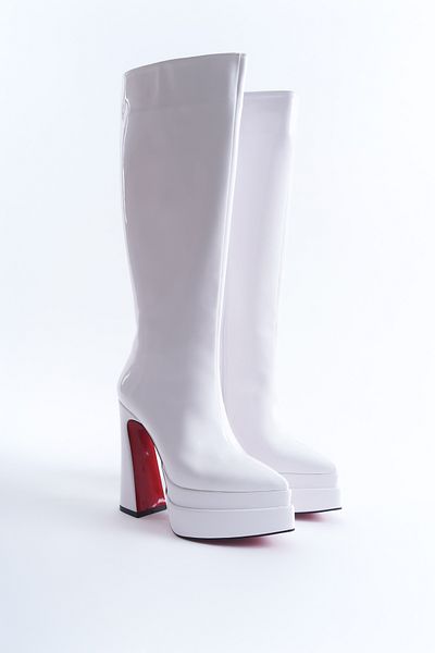 Ayakkabı Ateşi Cizme de dama cu design cu platforma dubla din piele lacuita alba Pantofi cu toc inalt Jolly
