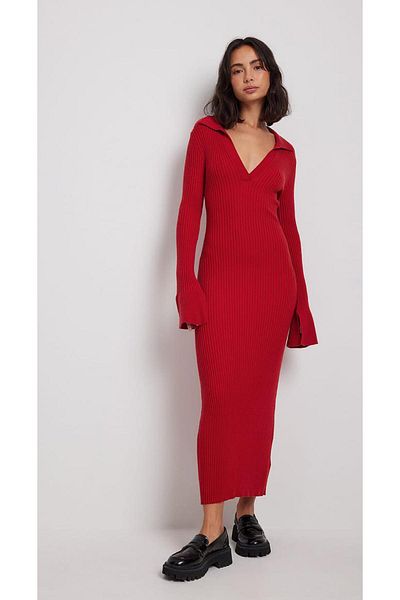 Natavanbutık Red Deep V-Neck Knitwear Dress