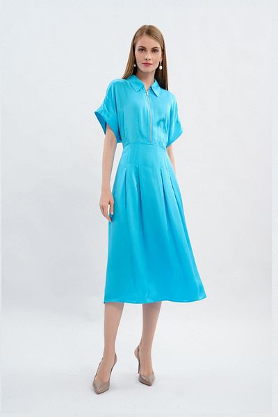 Escada Sport Shirt Collar Short Sleeve Pleated Midi Length Blue Silk Dress