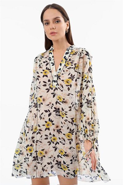 Escada Sport Floral V-Neck Lined Mid-Length Yellow Viscose Dress