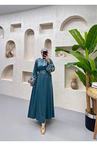 NHMODA فستان سهرة بأكمام بالون من قماش الساتان