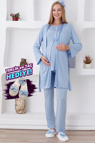 ERDENİZ TEKSTİL Cu nasturi și curea / mânecă lungă, pijama de maternitate și costum de halat / papuci și coroană