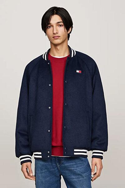 Tommy Hilfiger Erkek Yünlü Kontrast Şeritli Bomber Mont- Mavi