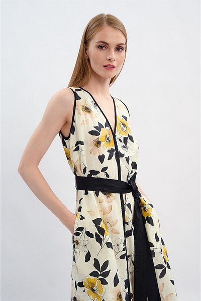 Escada Sport Floral V-Neck Belted Midi Length Beige Linen Dress