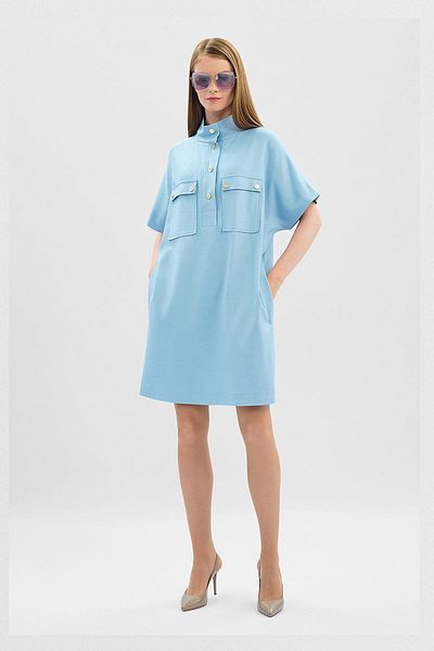 Escada Sport Stand Collar Low Short Sleeve Pocket Loose Cut Mid Length Baby Blue Dress