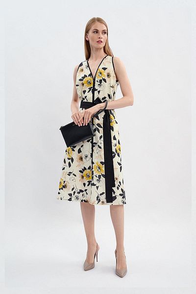 Escada Sport Floral V-Neck Belted Midi Length Beige Linen Dress