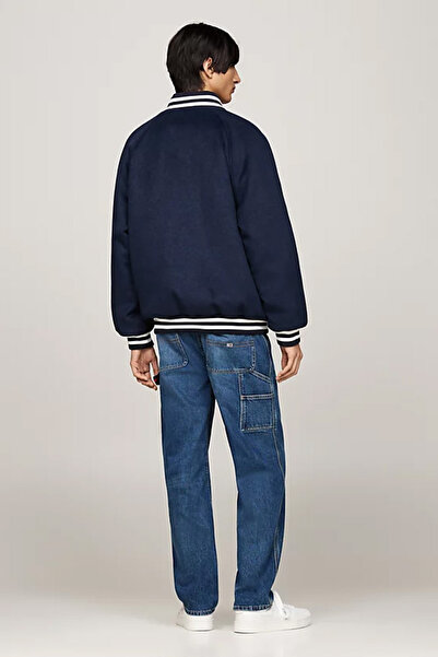 Tommy Hilfiger Erkek Yünlü Kontrast Şeritli Bomber Mont- Mavi