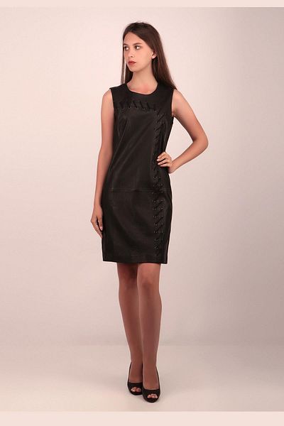 Escada Sport Eyelet Detailed Zippered Sleeveless Short Length Black Leather Dress