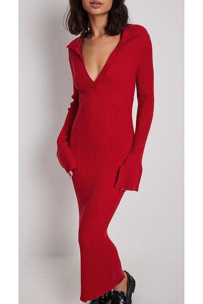 Natavanbutık Red Deep V-Neck Knitwear Dress