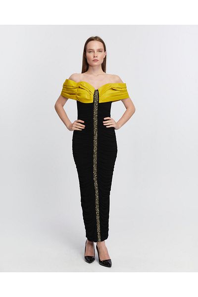 Aperla Dense Drawstring Stretchy Fabric Stylish Evening Dress with Off-The-Shoulder and Stone Detail