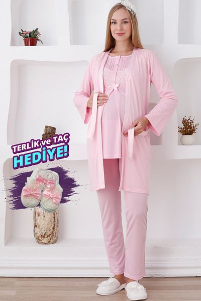 ERDENİZ TEKSTİL Long Sleeve Maternity Pajamas with Buttons and Belt and Dressing Gown Set Slippers and Crown Gift