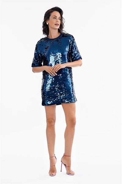 Escada Sport Sequined Short Sleeve Mini Navy Blue Viscose Dress