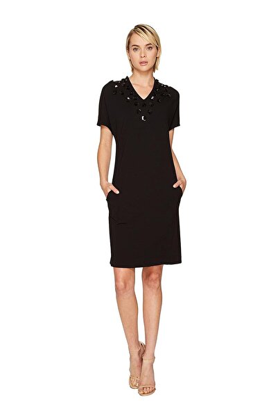 Escada İşlemeli V Yaka Cepli Kısa Kol Siyah Elbise