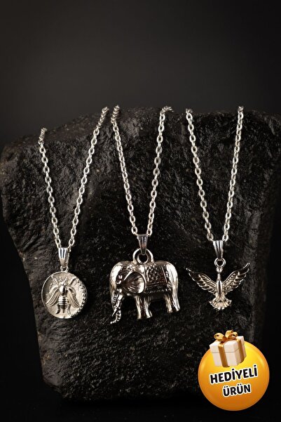 Piercing Market Steel & Silver 3 Lü Set Kombin Kolye Arı Fil Ve Kuş Özel Tasa...
