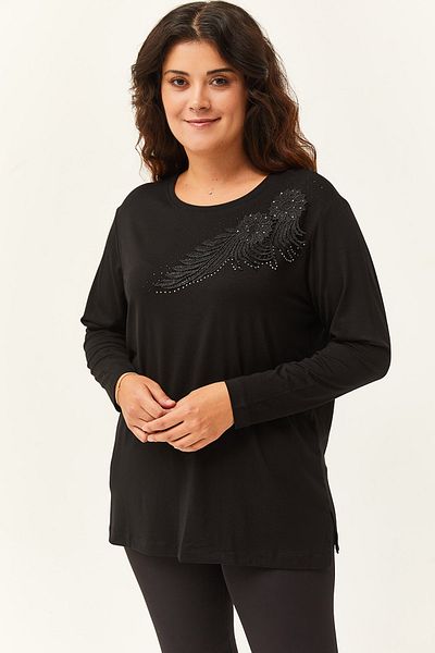 Ebsumu Women's Plus Size Leaf Embroidery Guipure Detail Black Blouse