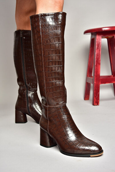 Fox Shoes J 848300111   Brown Crocodile Print Thick Heeled Women's Boots