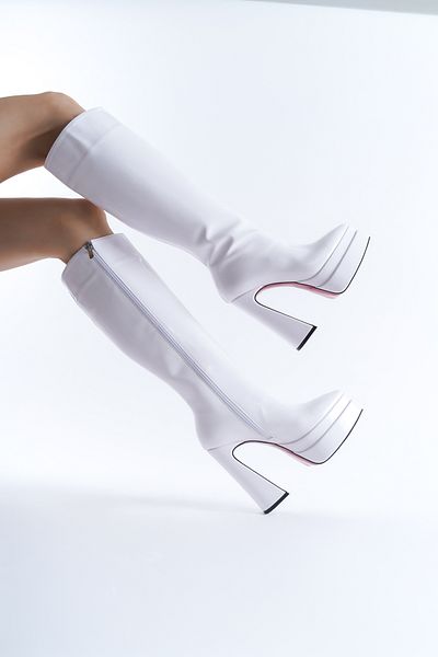 Ayakkabı Ateşi Cizme de dama cu design cu platforma dubla din piele lacuita alba Pantofi cu toc inalt Jolly