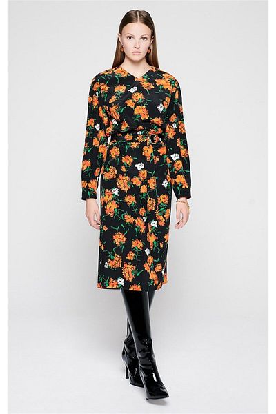 Escada Floral Print V Neck Belted Midi Length Silk Dress