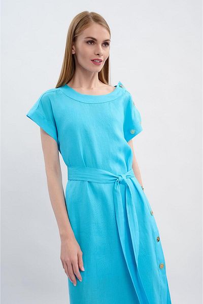 Escada Sport One Side Button Detailed Lined Belted Midi Length Linen Dress