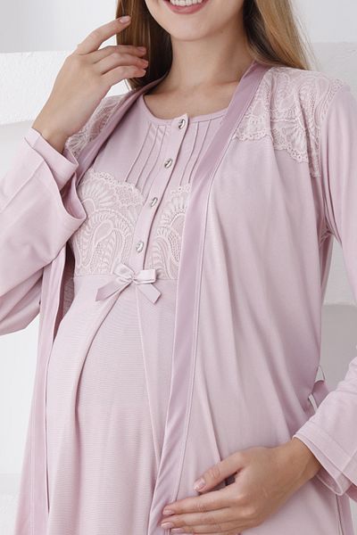 ERDENİZ TEKSTİL Buttoned Belted Pajamas Long Sleeve Maternity and Dressing Gown Suit Crown Gift