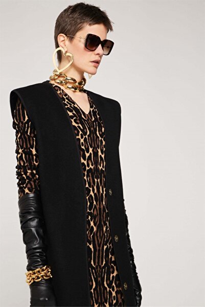 Escada Leopar Desenli Uzun Kol V Yaka Midi Boy Kahve Elbise