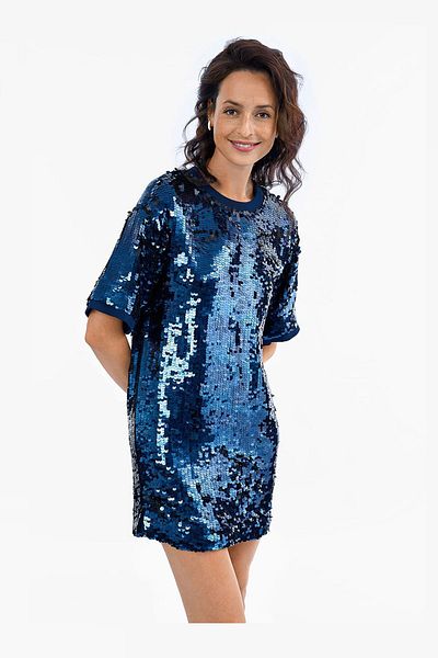 Escada Sport Sequined Short Sleeve Mini Navy Blue Viscose Dress