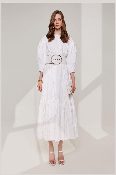 Escada Beading Embroidered Waistband Three Quarter Sleeve Long Length White Cotton Dress