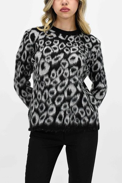 birizmoda Pulover din tricotaje cu pene cu model leopard - negru