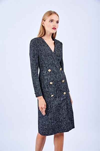 Escada Düğme Detaylı Kruvaze Yaka Uzun Kol Siyah Pamuklu Elbise