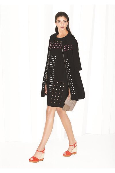 Escada Baskılı Ajur Detaylı Bol Kesim Truvakar Kol Siyah Elbise