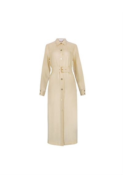 Escada Sport Buttoned Belted Long Sleeve Midi Length Beige Dress